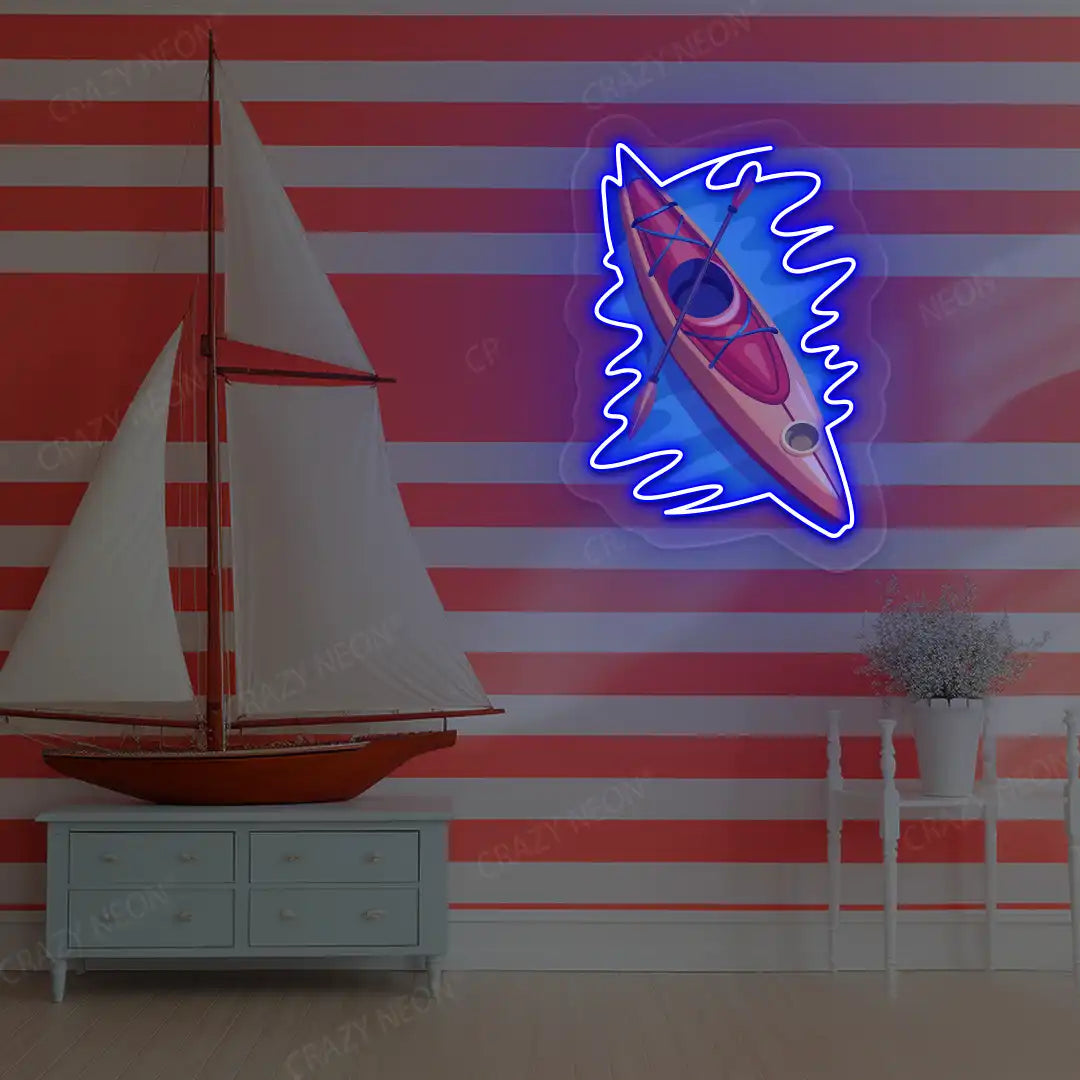 blue floating kayak neon artwork mounted on a wall