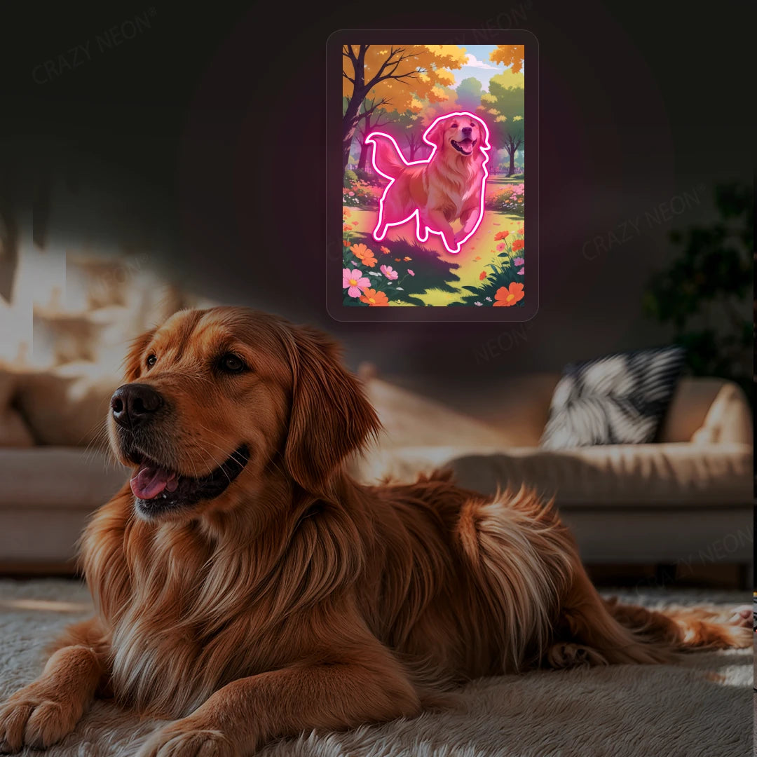 Golden Retriever Garden Portrait Neon Artwork in Pink