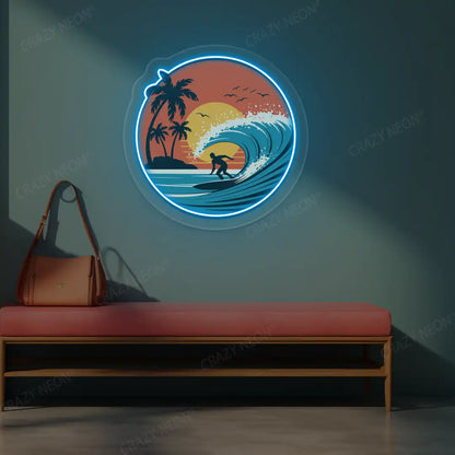 ice blue sunset surfer riding wave neon artwork mounted on a wall