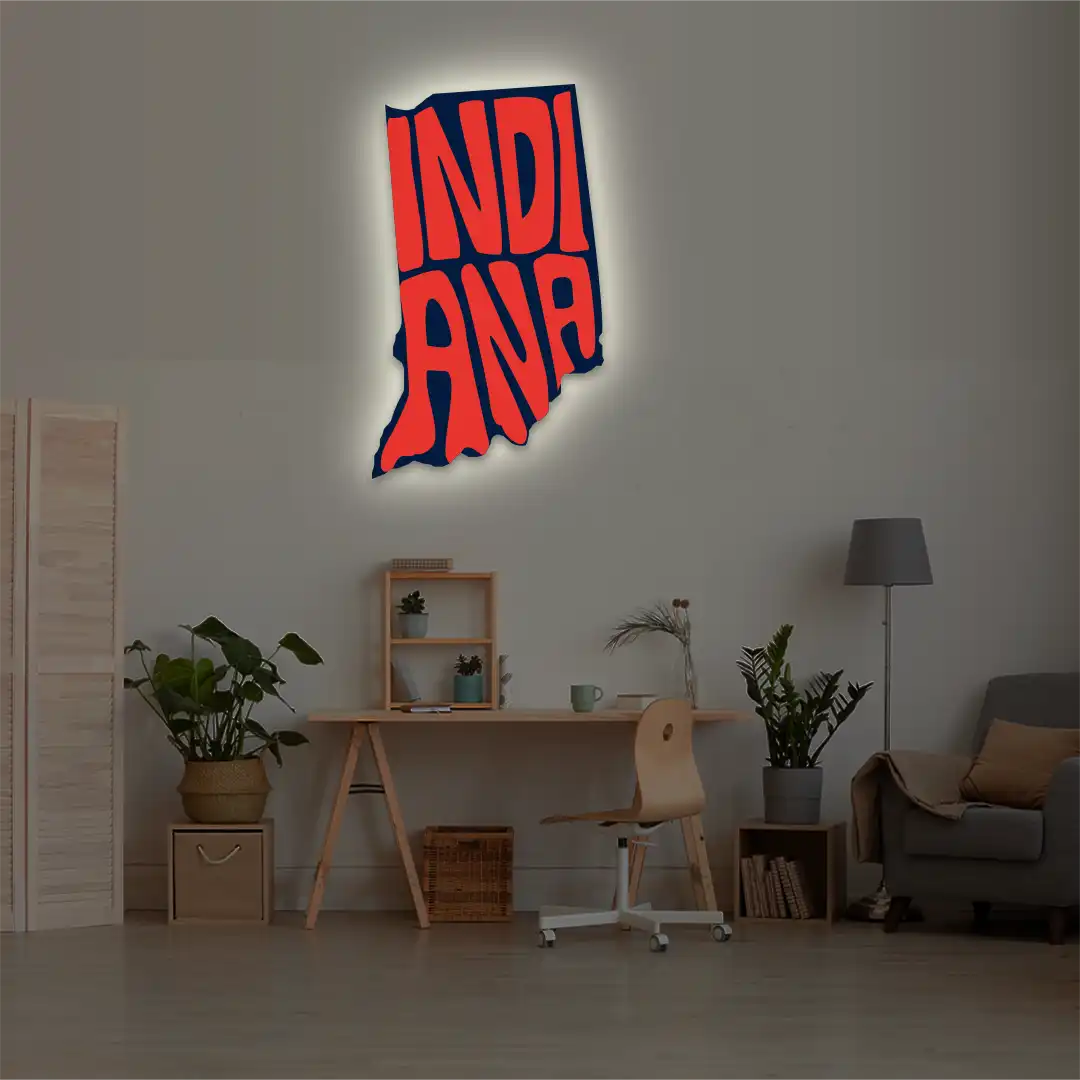 Indiana map backlit metal wall art vinyl print with warm white LED glow