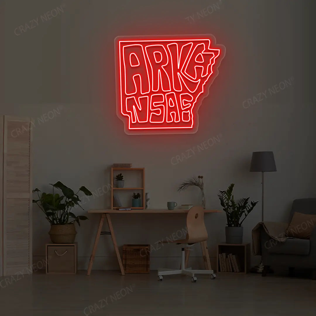 ARKANSAS Map Neon Sign lighting up in red color in a room
