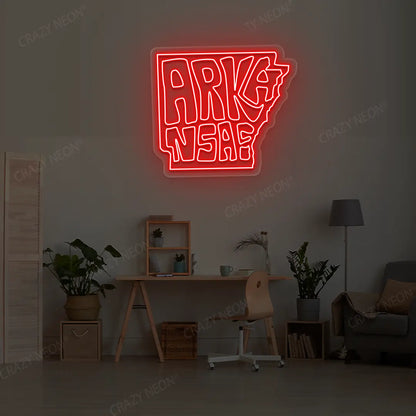 ARKANSAS Map Neon Sign lighting up in red color in a room