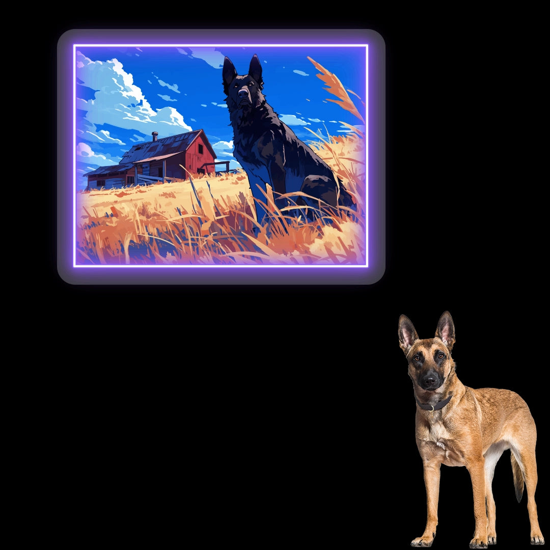 Golden Field German Shepherd Farm Neon Artwork in Purple Color