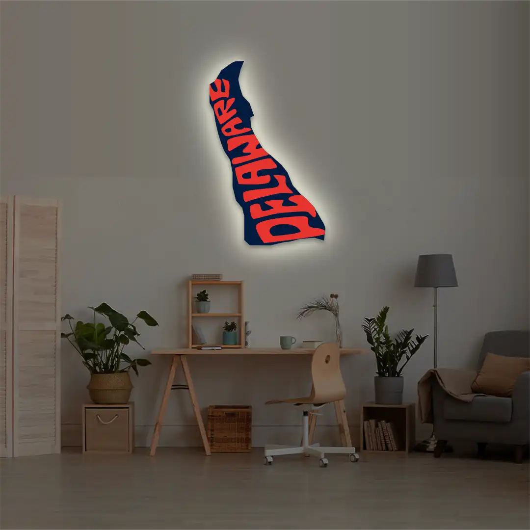 Delaware map backlit metal wall art vinyl print with warm white LED glow