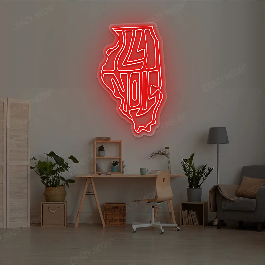ILLINOIS Map Neon Sign lighting up in red color in a room