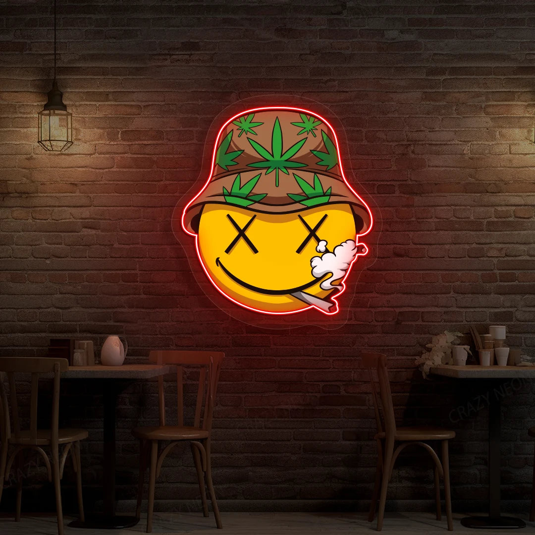 Smiley Stoner Weed Neon Artwork in red color
