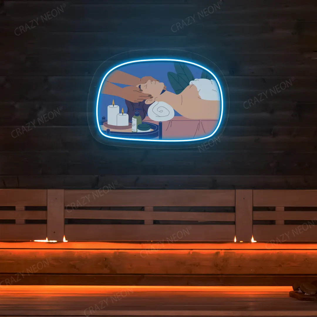 Relaxation Massage Neon Artwork lighting up in ice blue color on a wooden spa wall