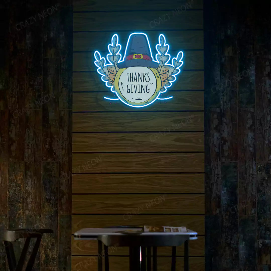 Pilgrim hat and wheat thanksgiving neon sign in ice blue