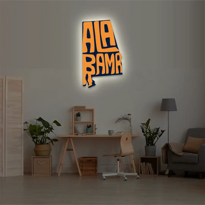 Alabama map backlit metal wall art vinyl print with warm white LED glow