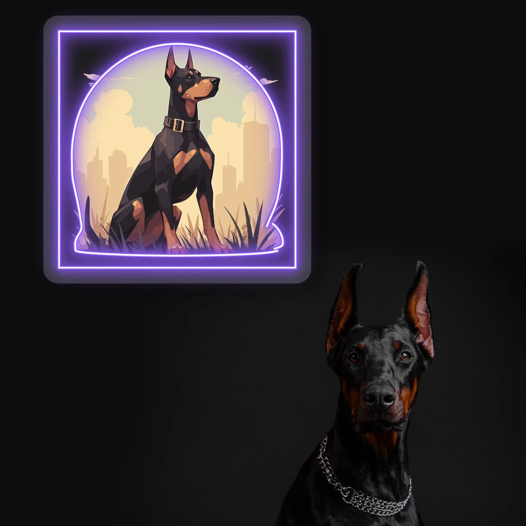 City Sentinel Doberman Neon Artwork in  in Purple color