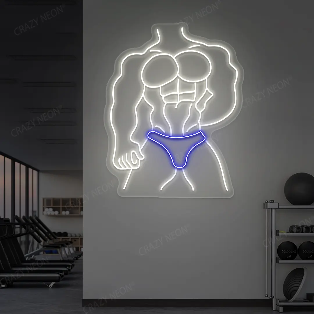 blue and white physique pro neon sign mounted on a wall