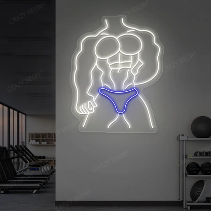 blue and white physique pro neon sign mounted on a wall