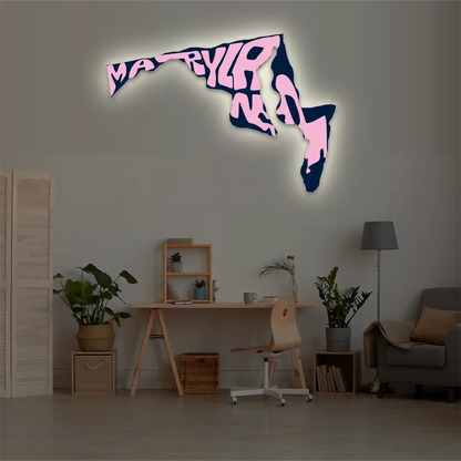 Maryland map backlit metal wall art vinyl print with warm white LED glow