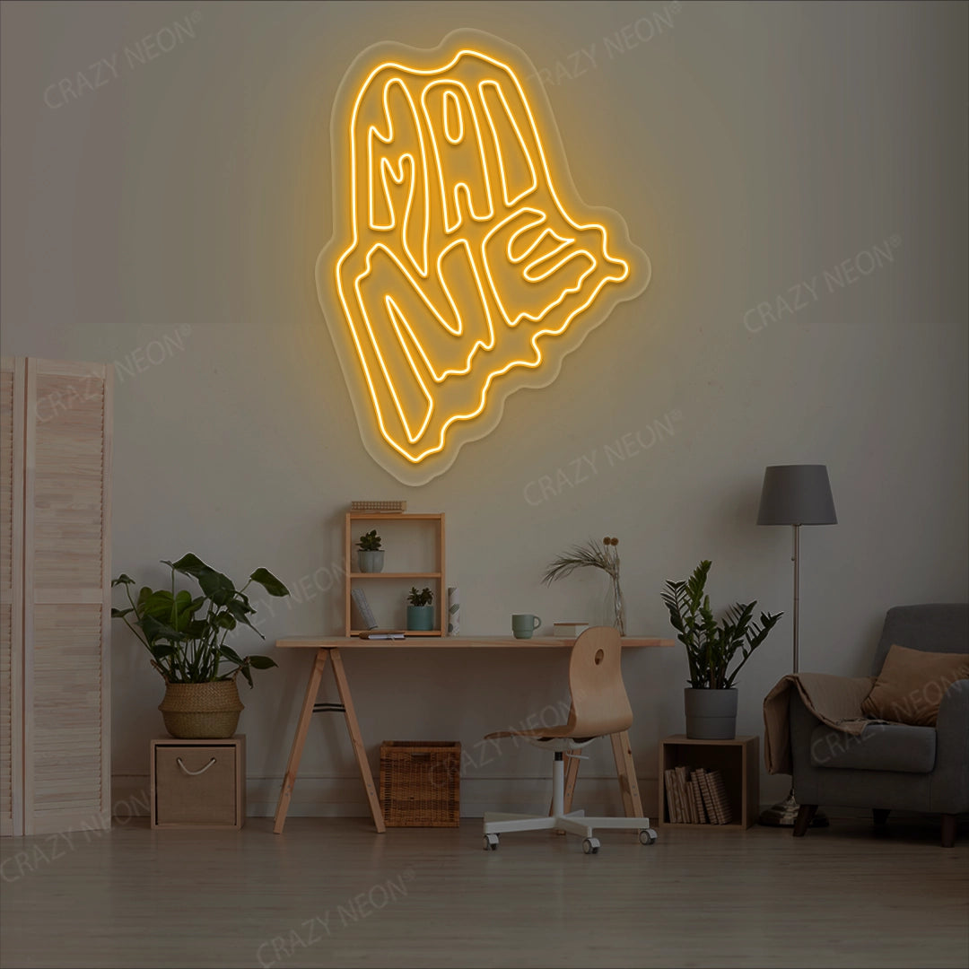 MAINE Map Neon Sign lighting up in orange color in a room