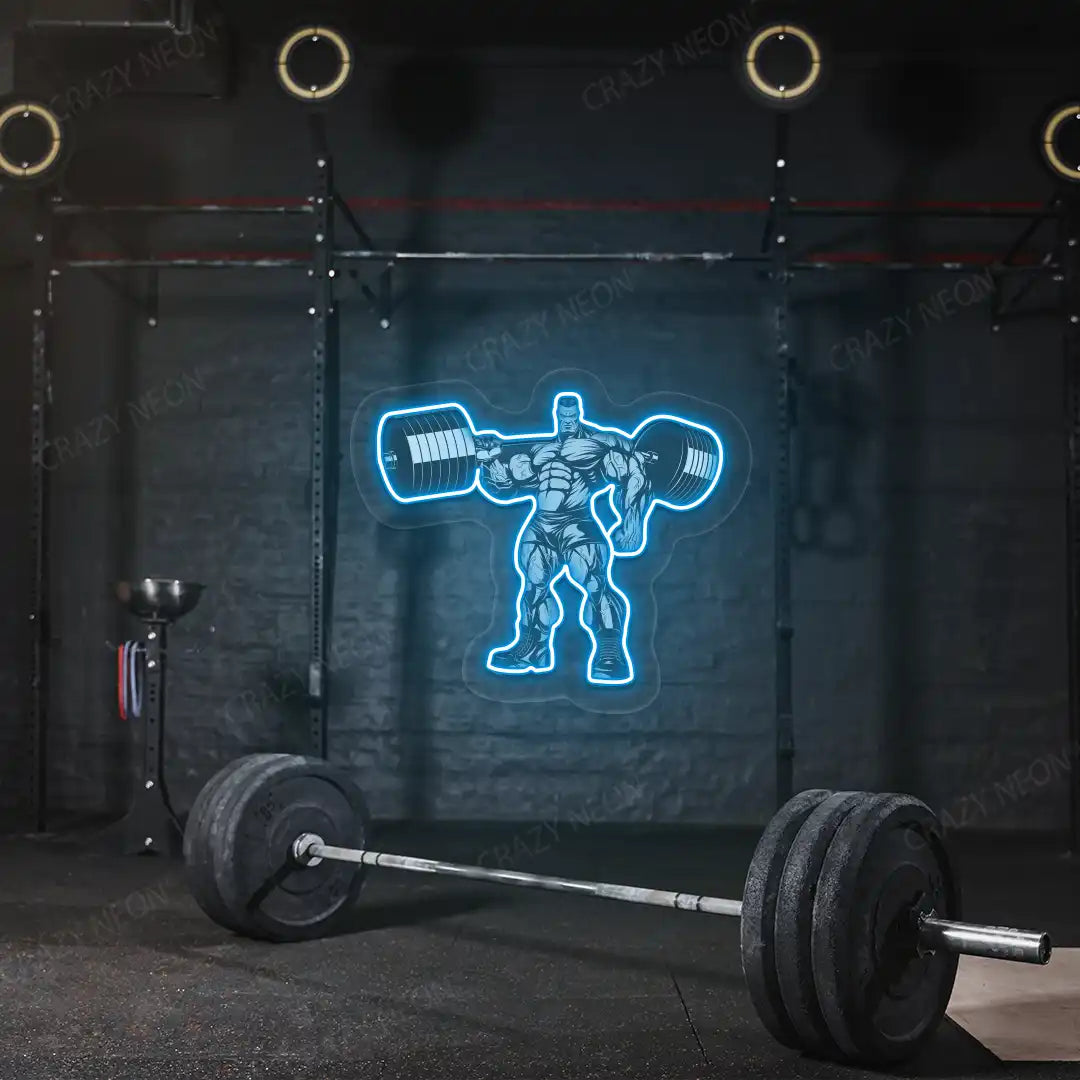 ice blue bodybuilder power flex gym neon artwork mounted on a wall