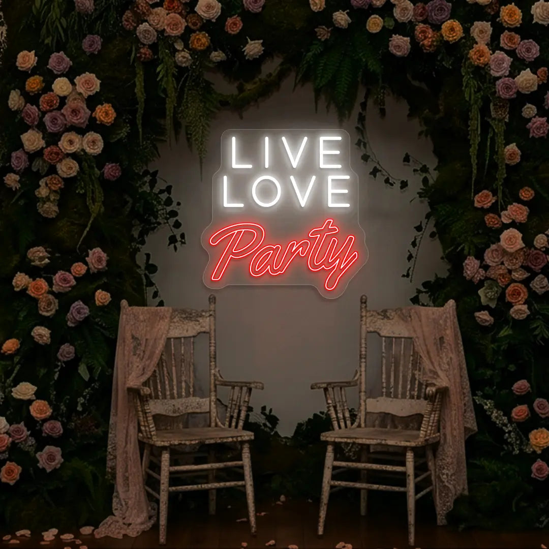 Live Love Party Neon Sign in red