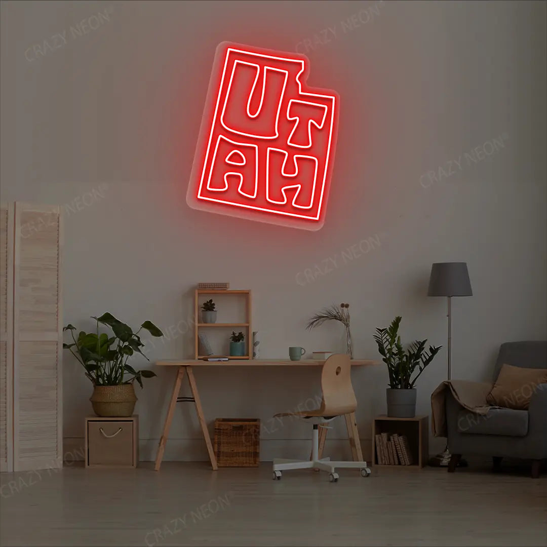 UTAH Map Neon Sign lighting up in red color in a room