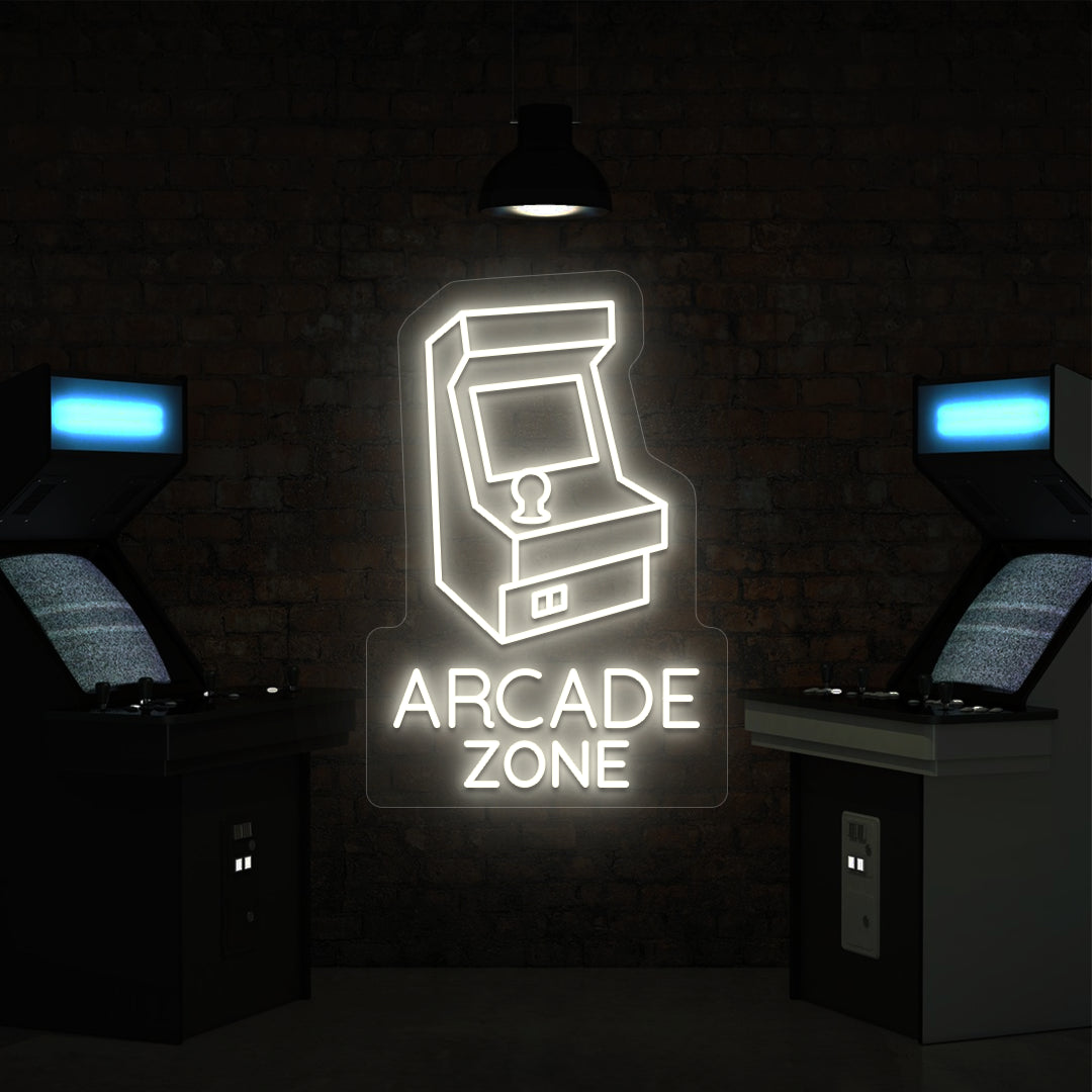 warm white nostalgic arcade zone vintage neon sign mounted on a wall