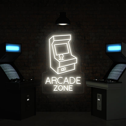 warm white nostalgic arcade zone vintage neon sign mounted on a wall
