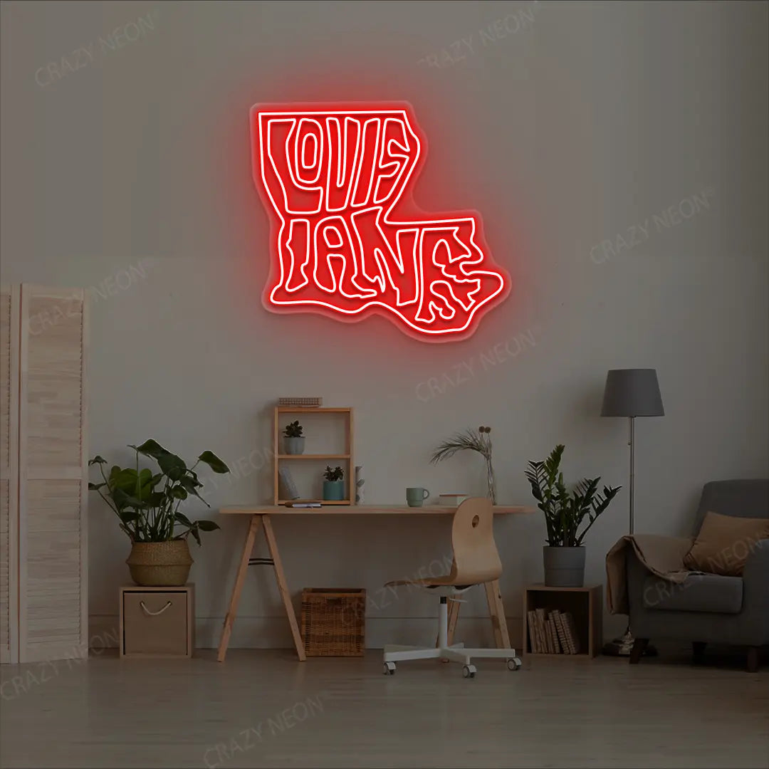 LOUISIANA Map Neon Sign lighting up in red color in a room