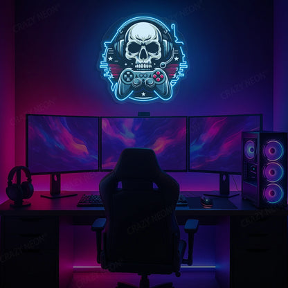 Gamer Skull Headphone Neon Artwork in iceblue color