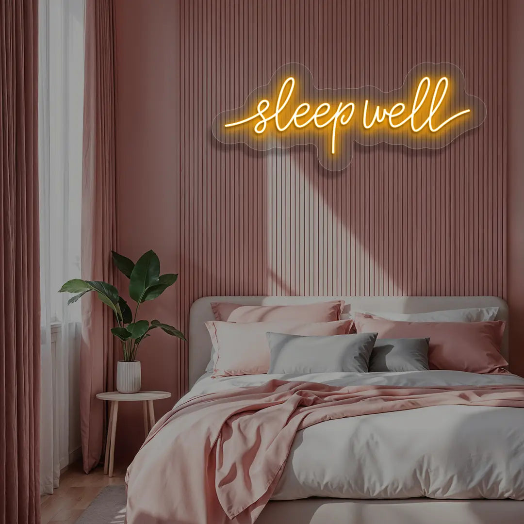 orange sleepwell neon sign mounted on a wall