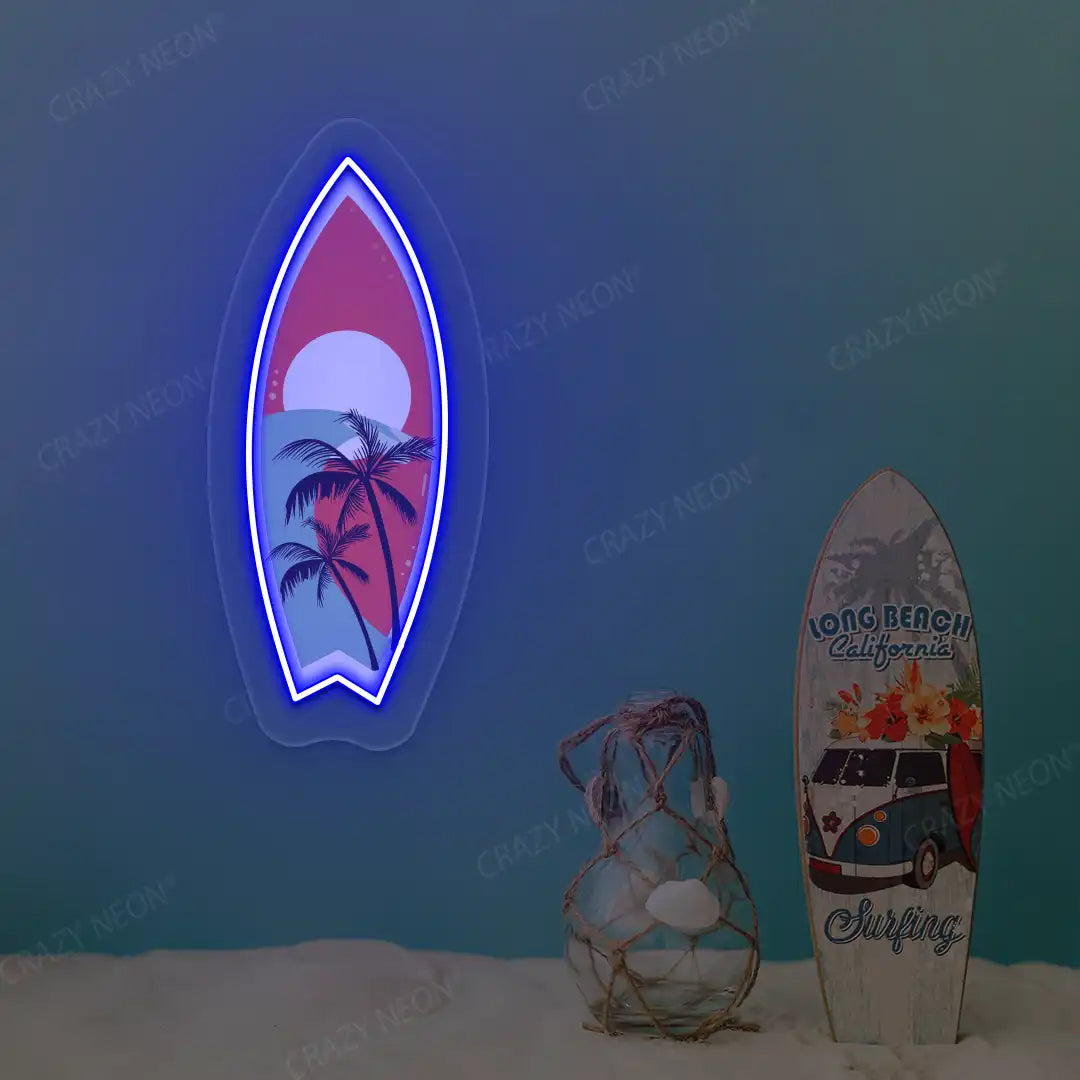 blue tropical surfboard neon artwork mounted on a wall