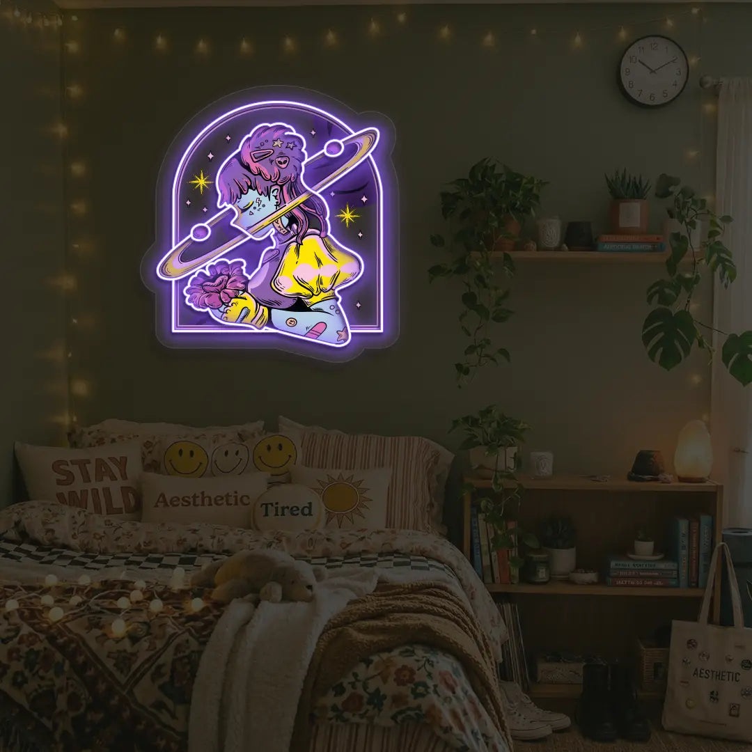 Galactic Girl Neon Artwork in Purple color