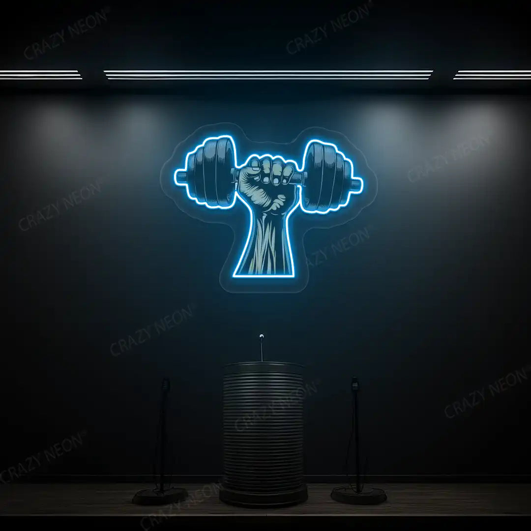 ice blue hand lifting dumbbell gym neon artwork mounted on a wall