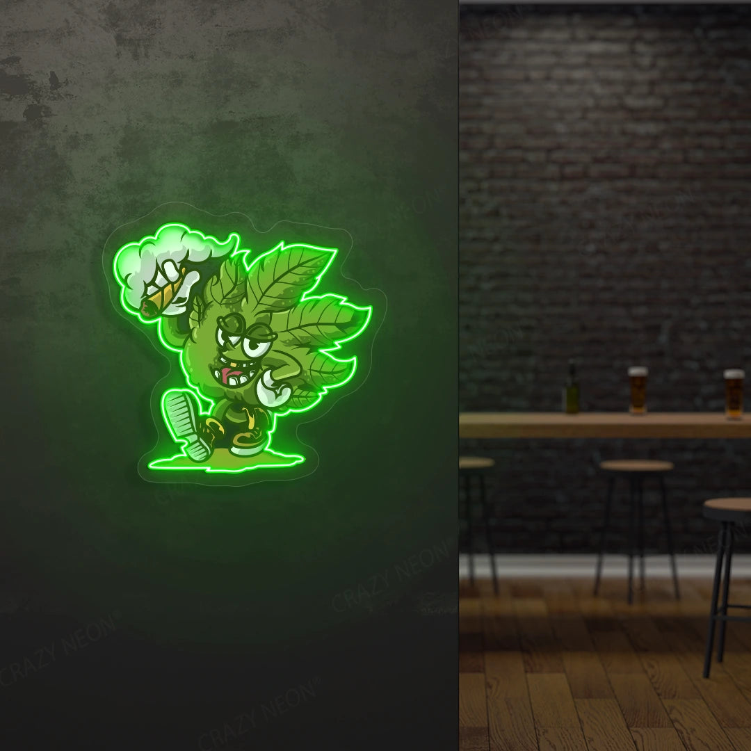 Cool Weed Leaf Character Neon Artwork in Green Color