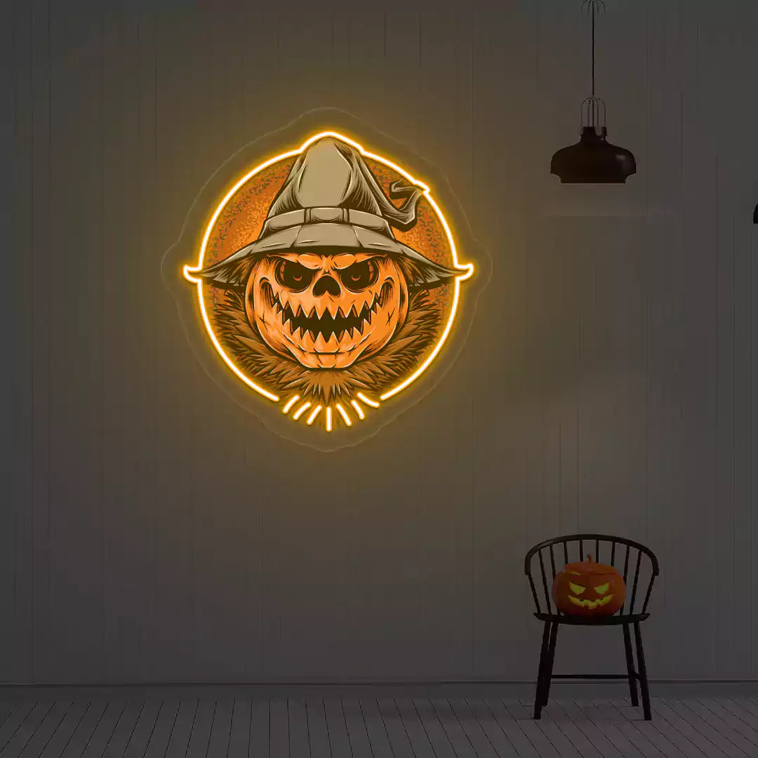 Witch Pumpkin Scarecrow Neon Artwork | Orange