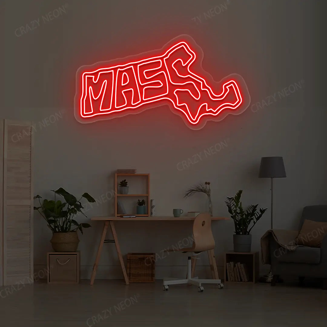 MASSACHUSETTS Map Neon Sign lighting up in red color in a room