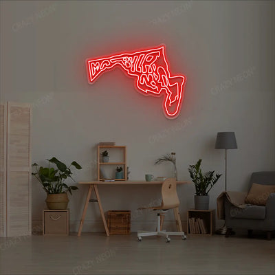 MARYLAND Map Neon Sign lighting up in red color in a room