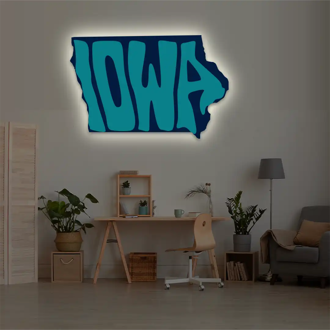 Iowa map backlit metal wall art vinyl print with warm white LED glow