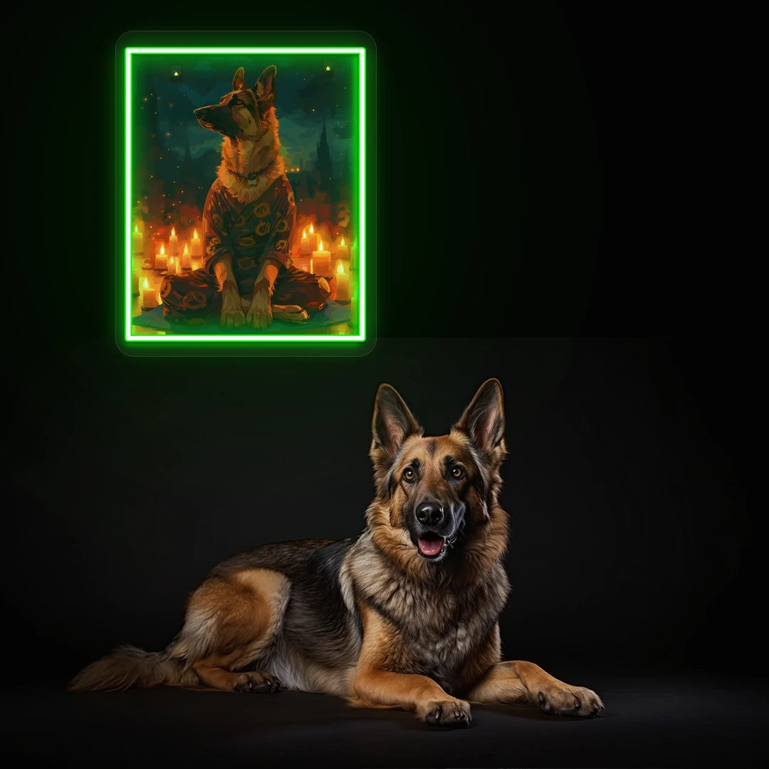 Candlelight Zen German Shepherd Neon Artwork in Green Color