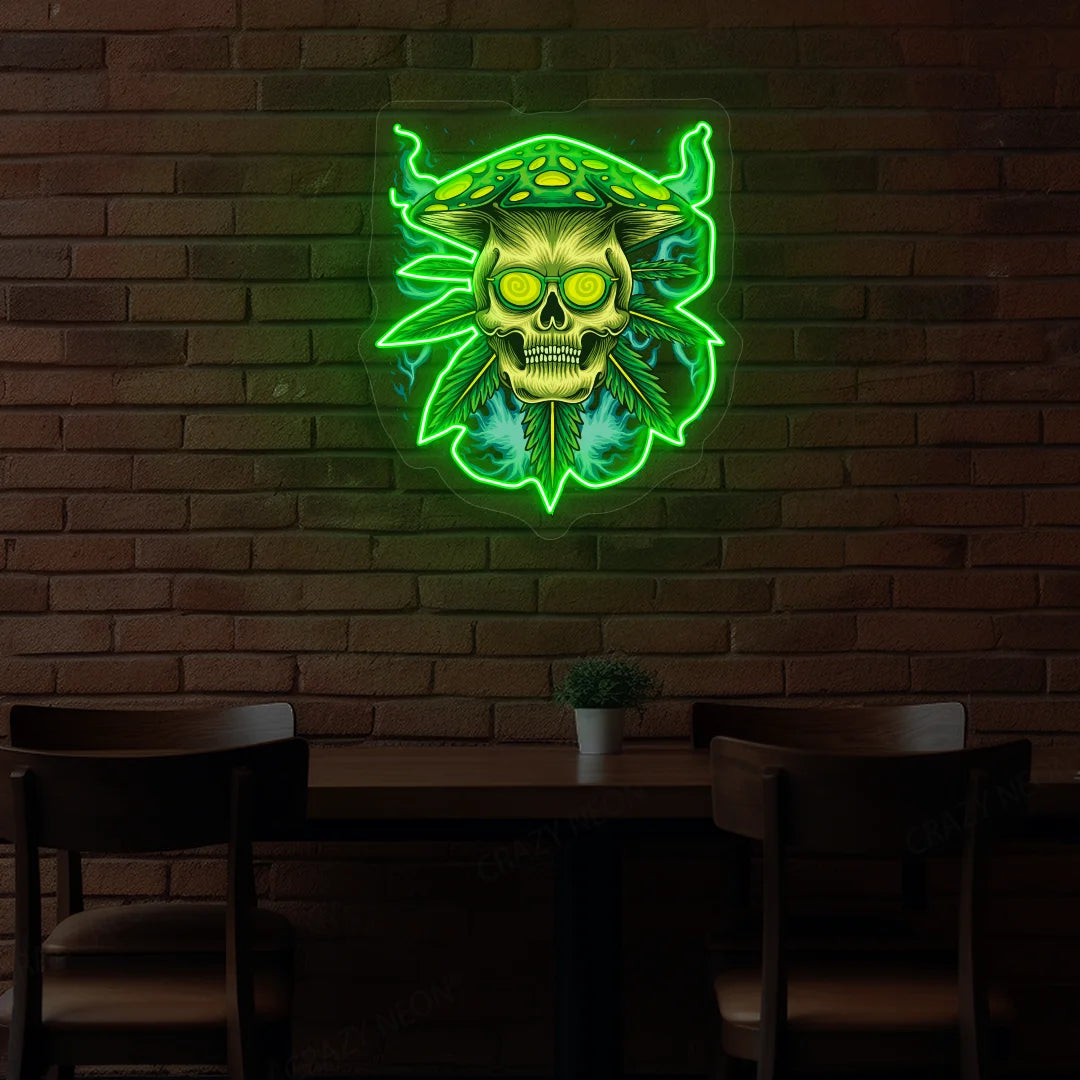 Psychedelic Skull Mushroom Hat Weed Neon Artwork in Green Color