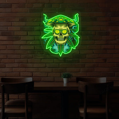 Psychedelic Skull Mushroom Hat Weed Neon Artwork in Green Color