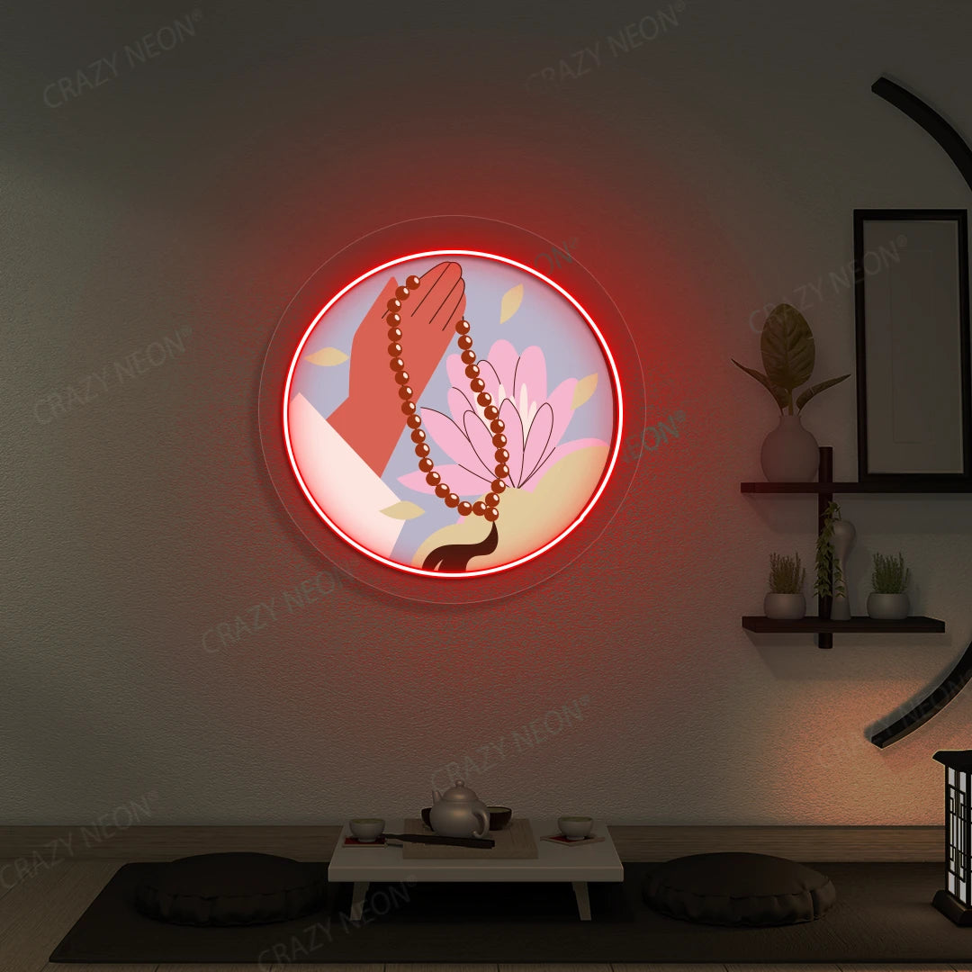 Lotus Japa Neon Artwork lighting up in red color in a yoga room