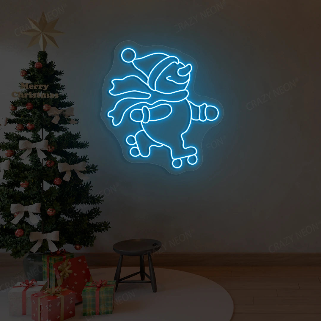 Skating Snowman Neon Sign | Ice blue 