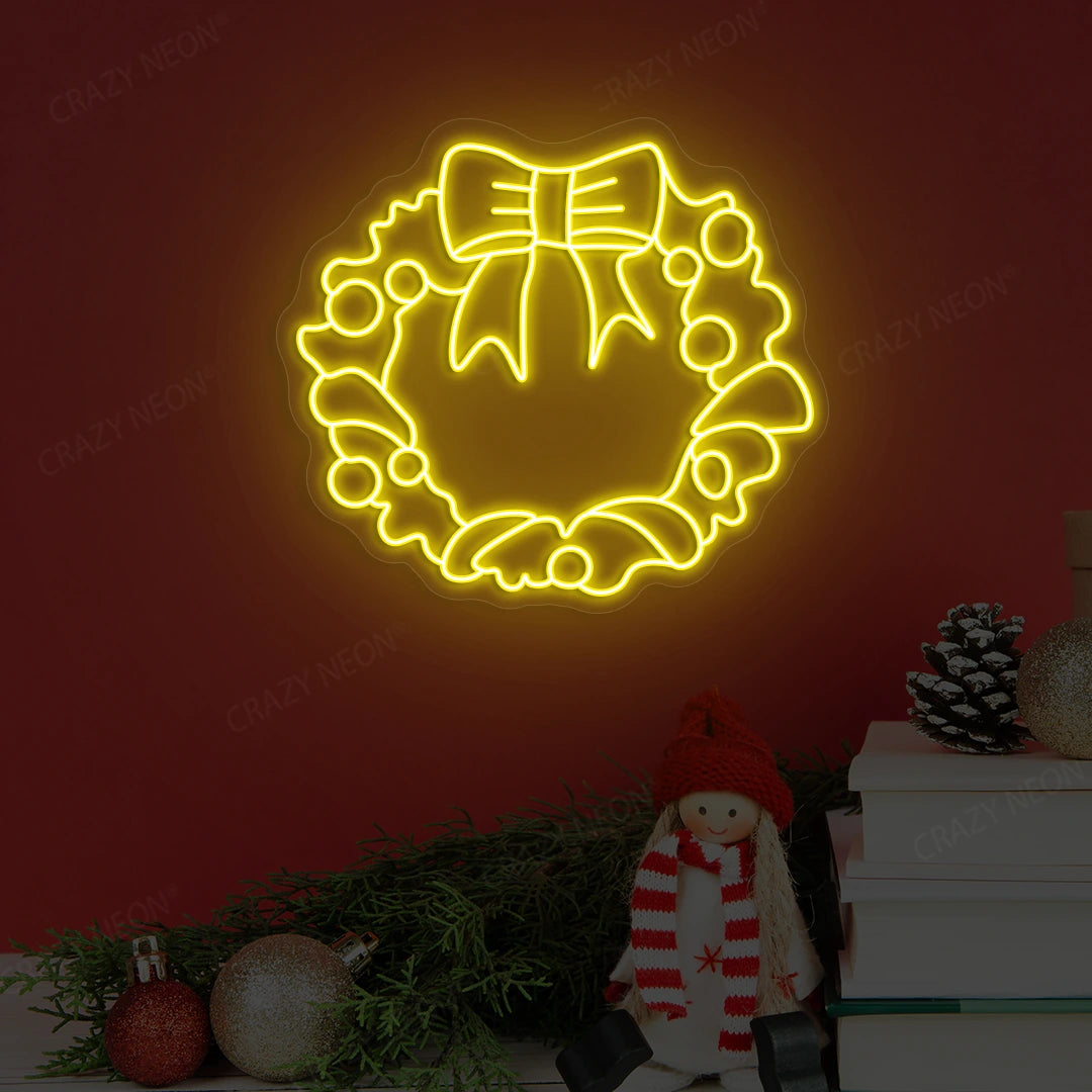 Holiday Bow Wreath Neon Sign | Yellow