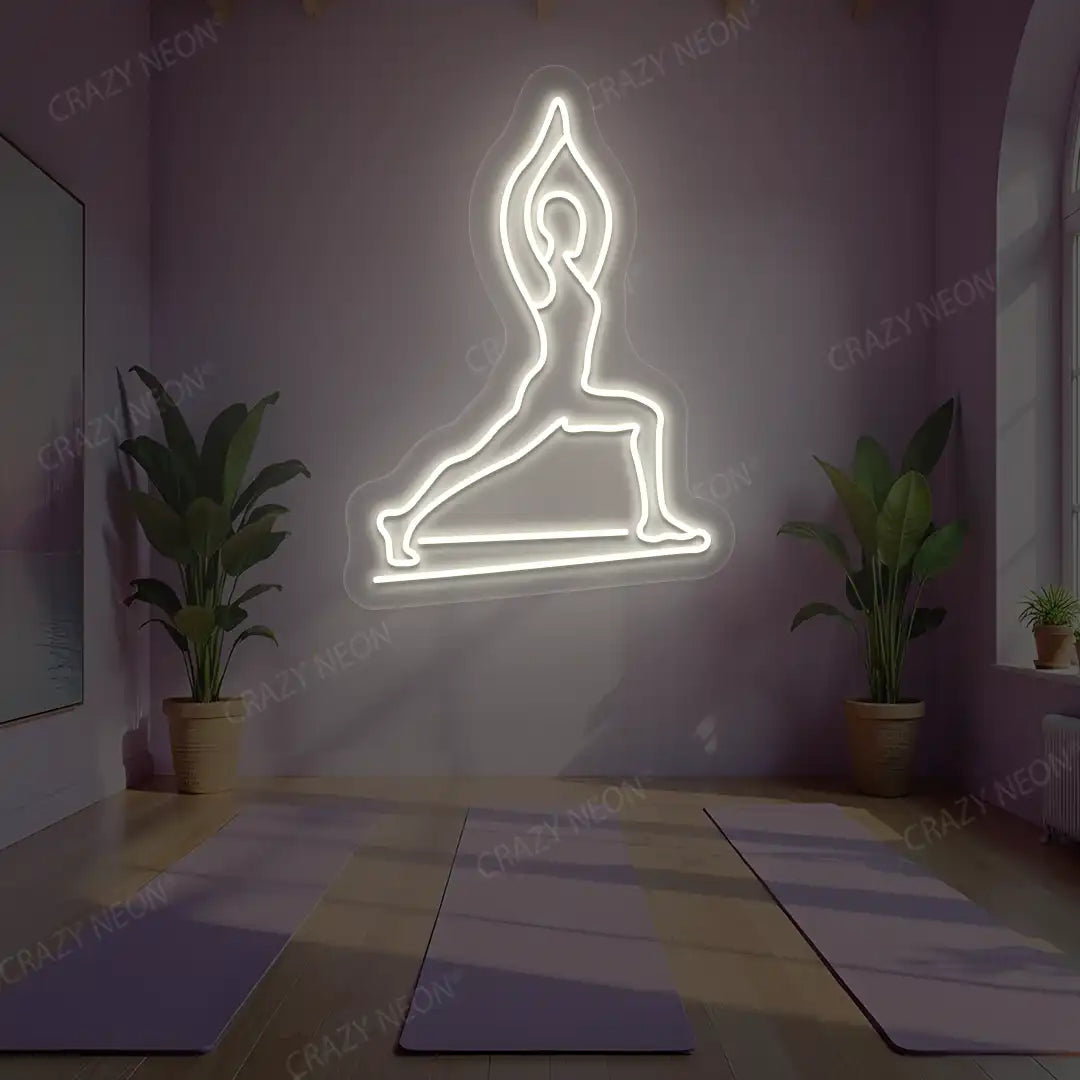 Virabhadrasana I Yoga Neon Sign lighting up in warm white color in a yoga room