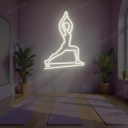 Virabhadrasana I Yoga Neon Sign lighting up in warm white color in a yoga room