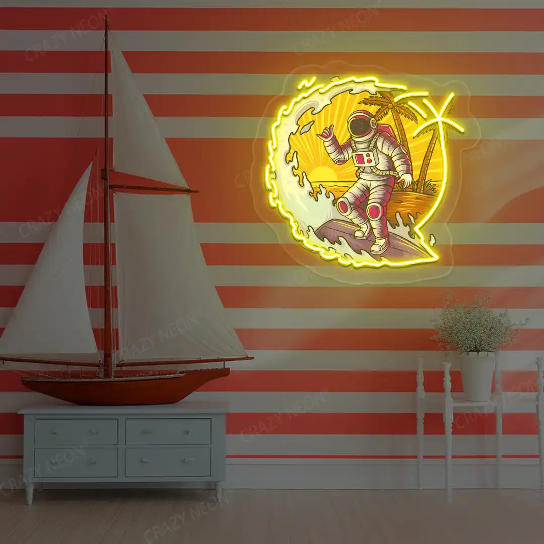 yellow astronaut surfing neon artwork mounted on a wall