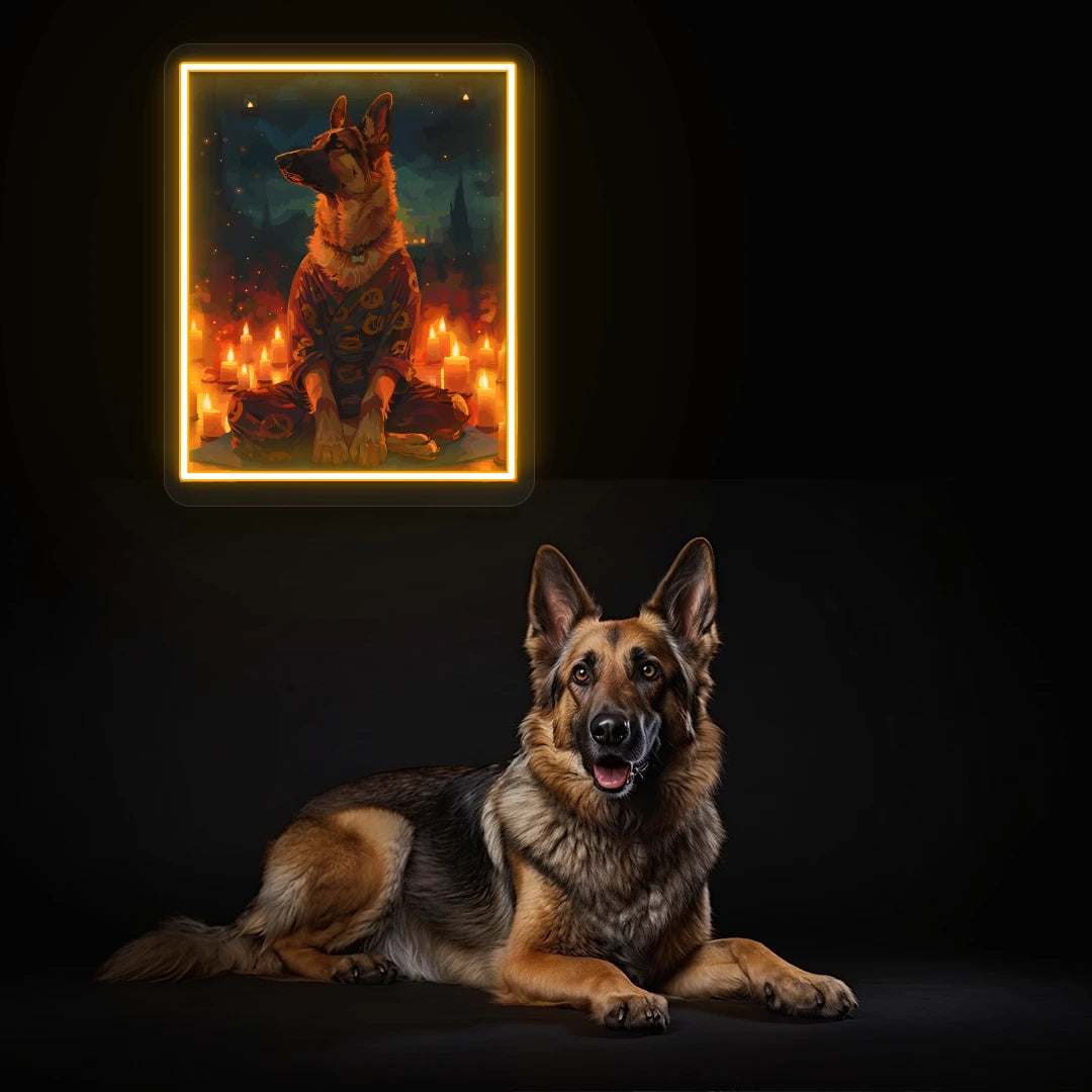 Candlelight Zen German Shepherd Neon Artwork in orange color