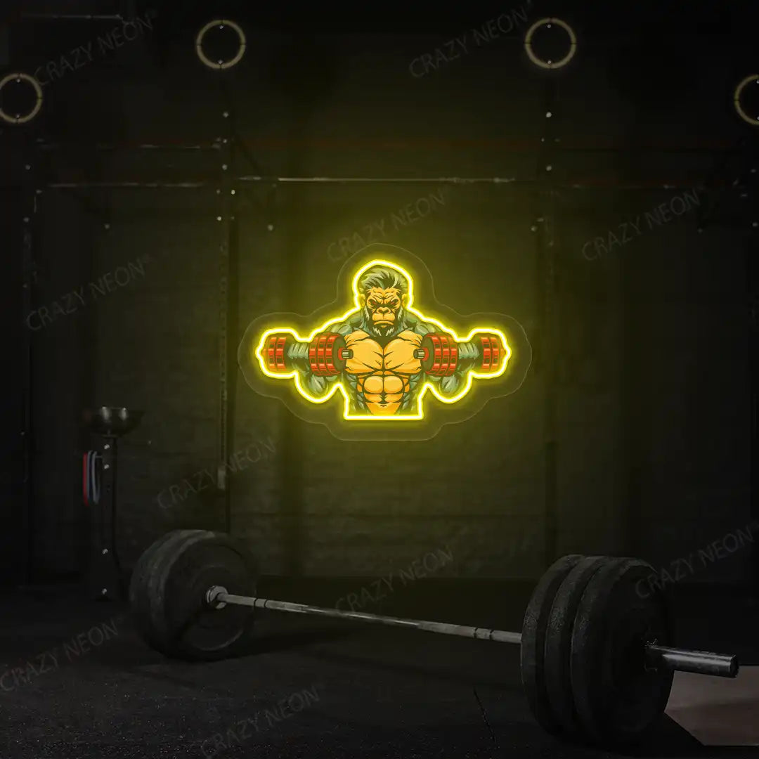 yellow monkey workout gym neon artwork mounted on a wall