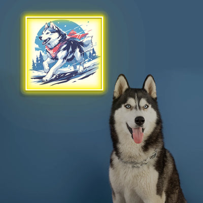 Snow Trail Husky Portrait Neon Artwork in yellow color
