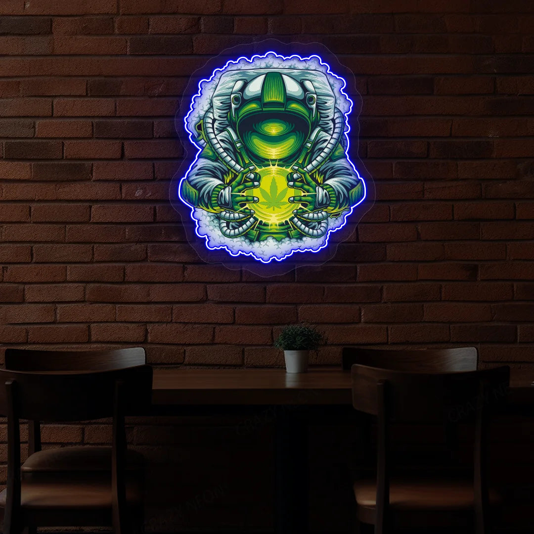 Cosmic Weed Astronaut Neon Artwork in Blue color