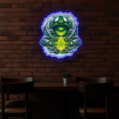 Cosmic Weed Astronaut Neon Artwork in Blue color