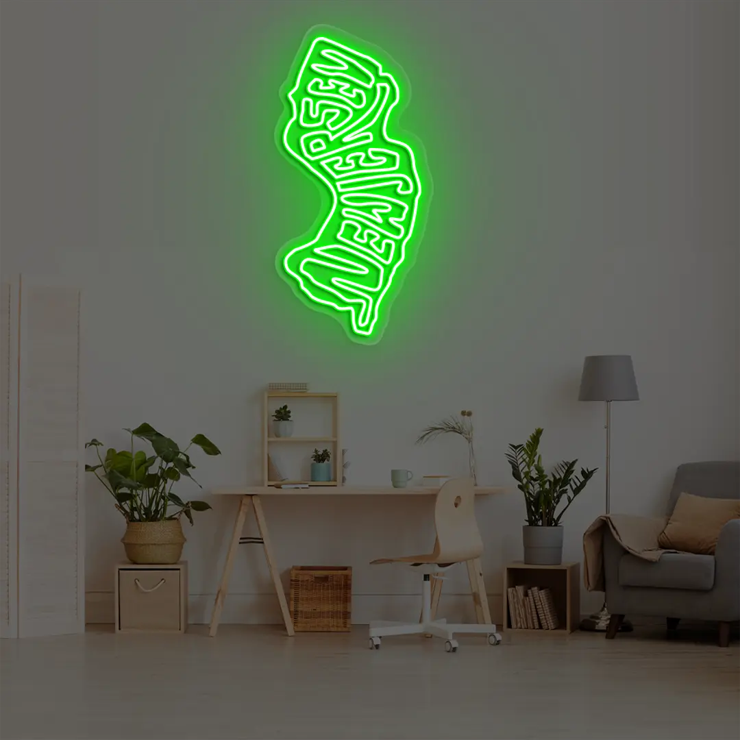 NEW JERSEY Map Neon Sign lighting  up in green color in a room