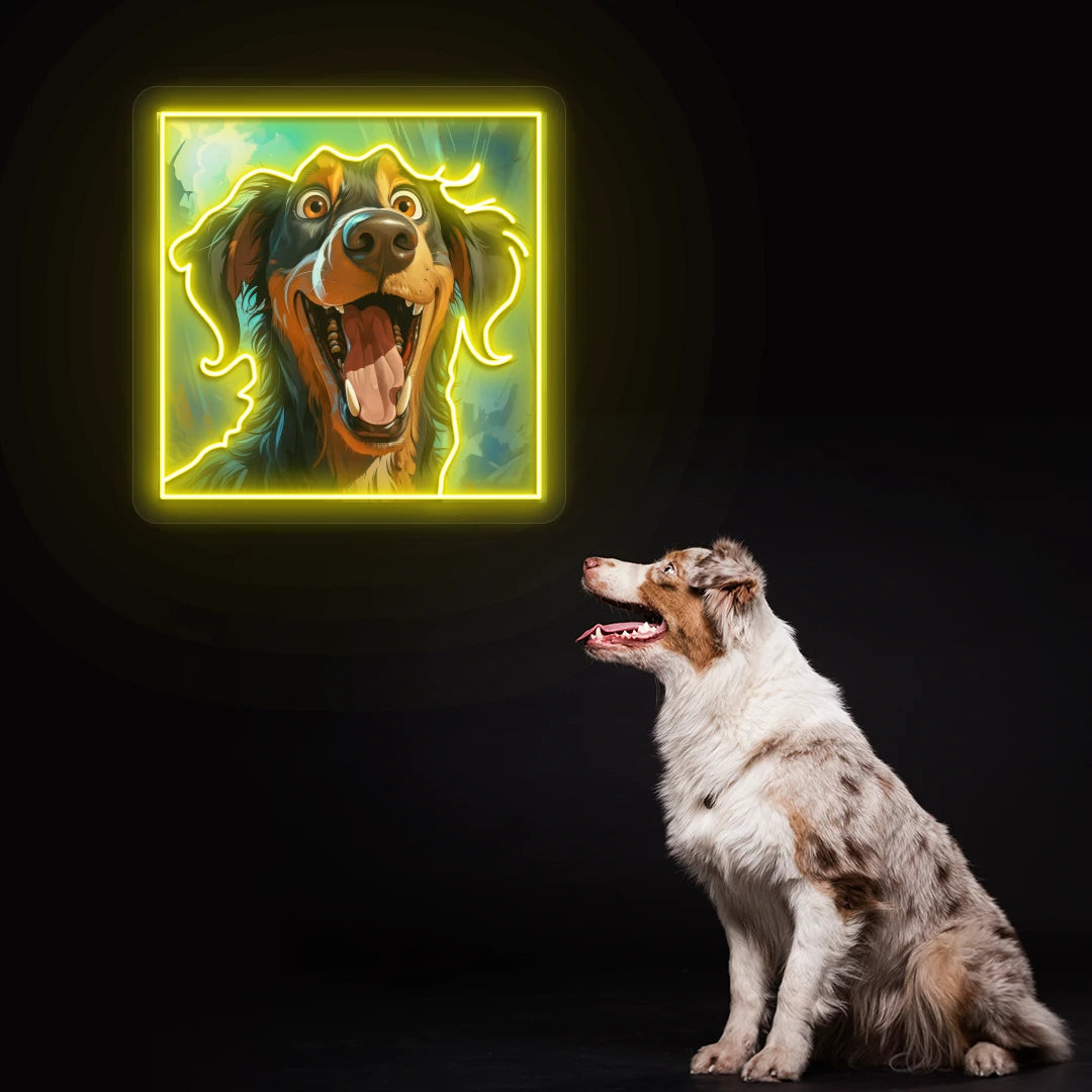 Happy Australian Shepherd Portrait Neon Artwork in Yellow Color